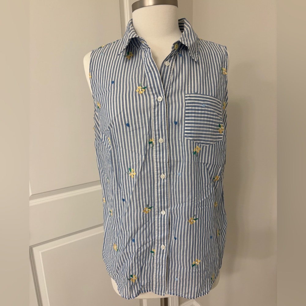 Boden Sleeveless Blue Stripe Button-Up Shirt with Yellow Floral Embroidery Sz 12